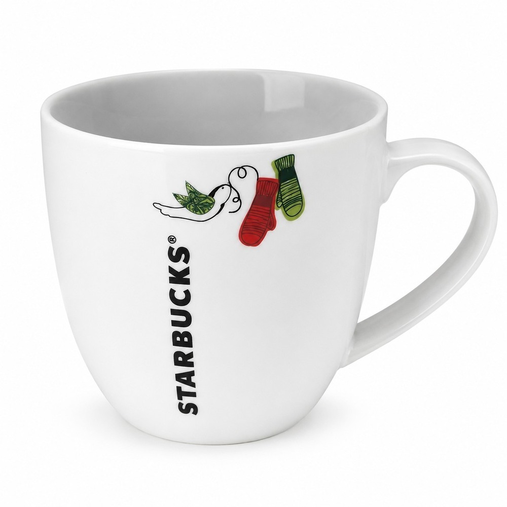 Starbucks 2011 Holiday Mug 13 oz White Coffee Cup Bird & Mittens Christmas Ceram